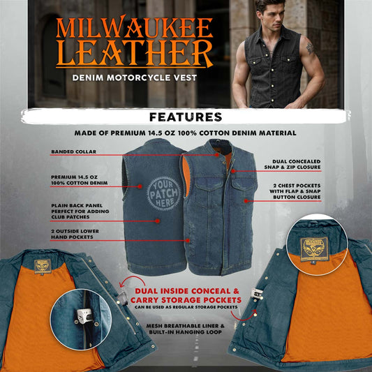 Milwaukee Leather MDM3000 Men's Blue Denim Club Style Vest w/ Dual Closure