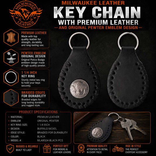 Milwaukee Leather Black Buffalo Nickel Pewter Emblem Key Chain - MLA9504
