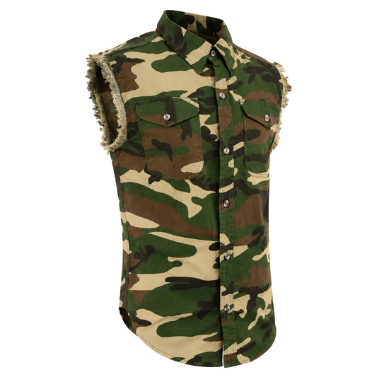 Milwaukee Leather DM4010 Men's Camo Lightweight Denim Shirt with Vintage and Frayed Sleeveless Look
