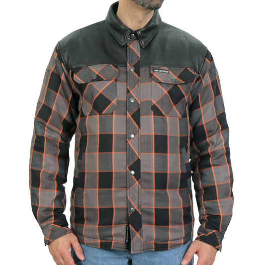 Hot Leathers JKM3202 Men’s CE Armored Flannel Motorcycle Shirt Jacket - Aramid Reinforced w/ Leather Shoulder Panels