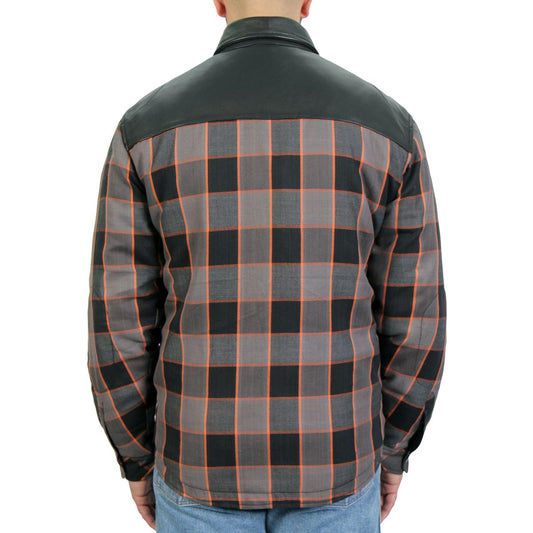 Hot Leathers JKM3202 Men’s CE Armored Flannel Motorcycle Shirt Jacket - Aramid Reinforced w/ Leather Shoulder Panels