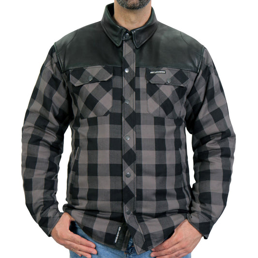 Hot Leathers JKM3203 Men’s CE Armored Flannel Motorcycle Shirt Jacket - Aramid Reinforced w/ Leather Shoulder Panels