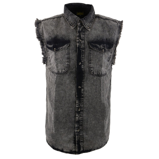 Milwaukee Leather MDM11683 Men’s Classic Beige/Black Button-Down Cut Off Frayed Sleeveless Casual Shirt
