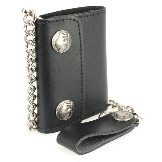 Milwaukee Leather Men's Black Buffalo Nickel Flap Chain Wallet, MLW7821