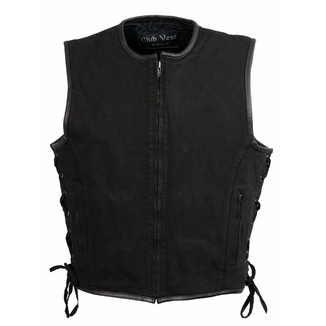 Club Vest CVM3039 Men's Black Denim Motorcycle Rider Vest with Leather Trim and Side Laces