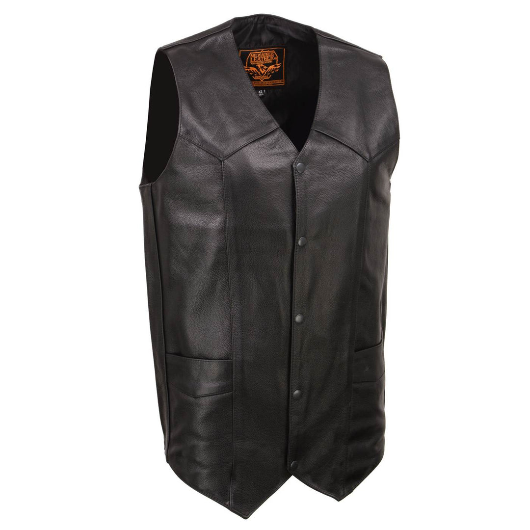 Milwaukee Leather SH1310Tall Men's Black Leather Classic V-Neck Motorcycle Rider Vest w/ Snap Button Closure