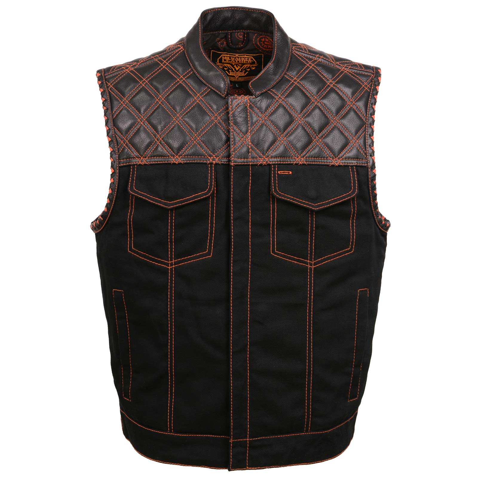 Milwaukee Leather MDM3037 Men’s Wrecker Club Vest – Black Denim & Leather, Diamond Quilt, Orange Stitch