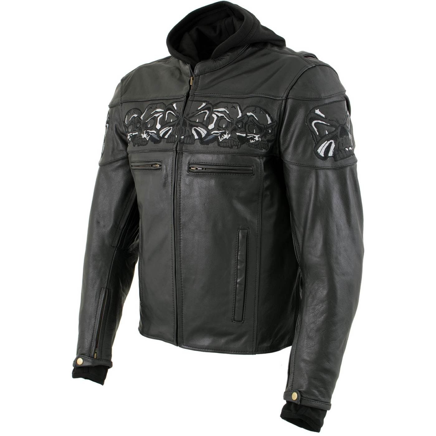 Milwaukee Leather Men's Futile CE Armored Leather Motorcycle Jacket w/ Hoodie Liner, Reflective Skull - LKM17016