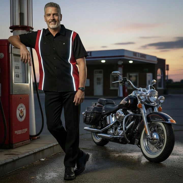Milwaukee Motorcycle Clothing Co. Men’s Blk/Red Mechanic Work Shirt – w / Reflective Strip, Rider‑Built MDM11607
