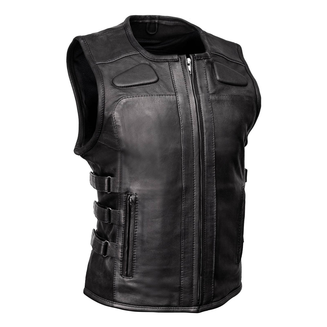 Milwaukee Motorcycle Clothing Co. Women's Gixxer Black Premium Leather Vest w/ Round Neck Side Buckle MMC40003