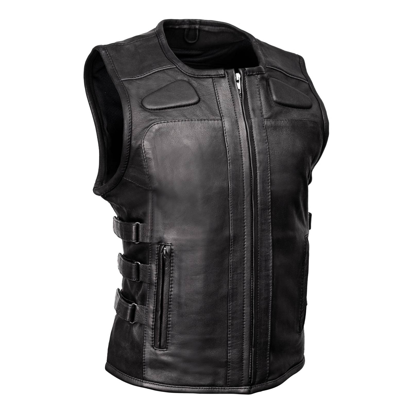 Milwaukee Motorcycle Clothing Co. Women's Gixxer Black Premium Leather Vest w/ Round Neck Side Buckle MMC40003
