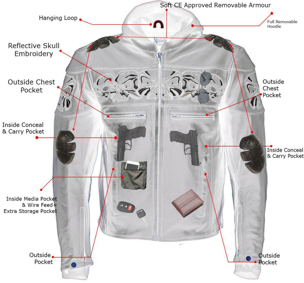 Milwaukee Leather Men's Futile CE Armored Leather Motorcycle Jacket w/ Hoodie Liner, Reflective Skull - LKM17016