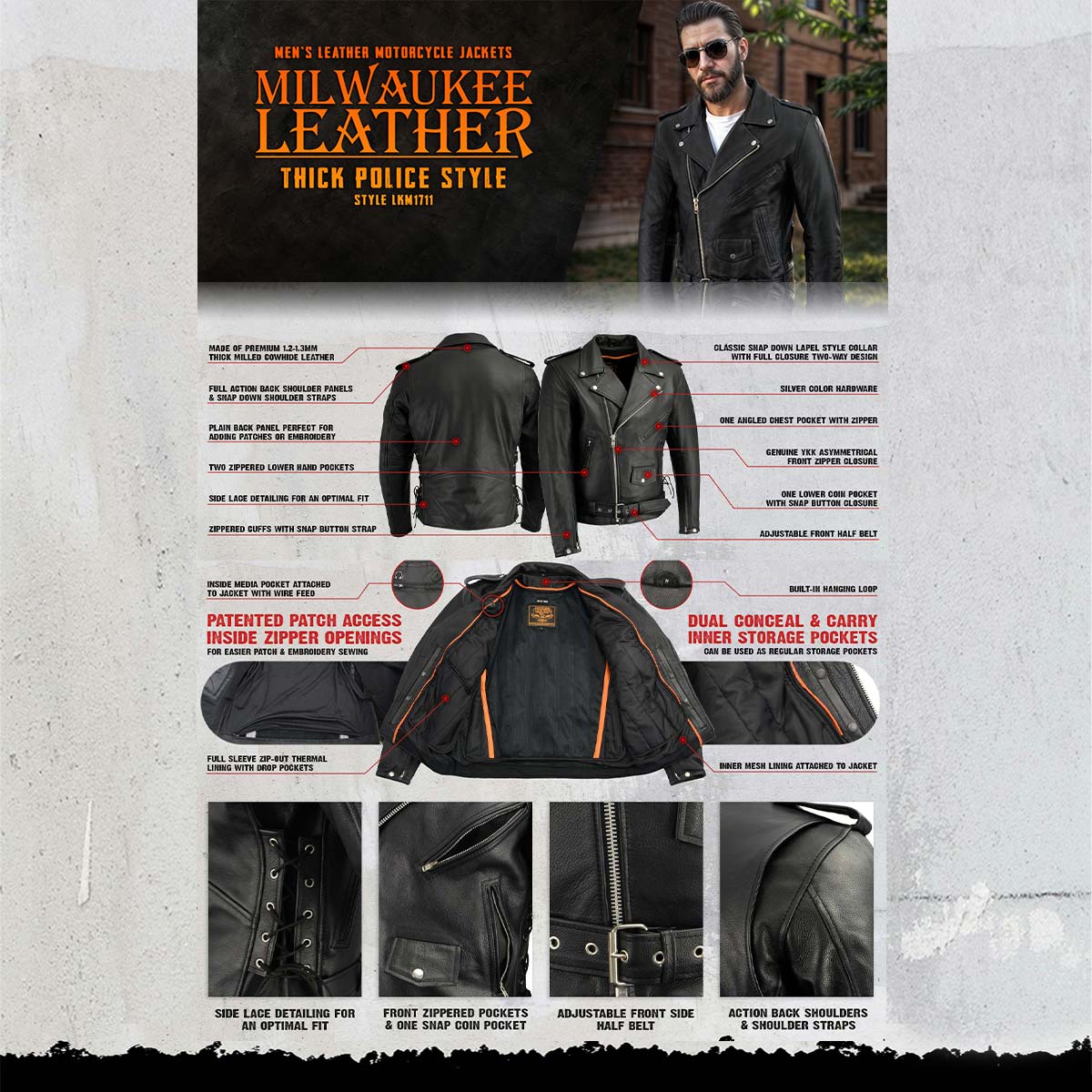 Milwaukee Leather Men's Premium Black Leather Motorcycle Jacket - Vintage Police Style w/ Side Lace - LKM1711