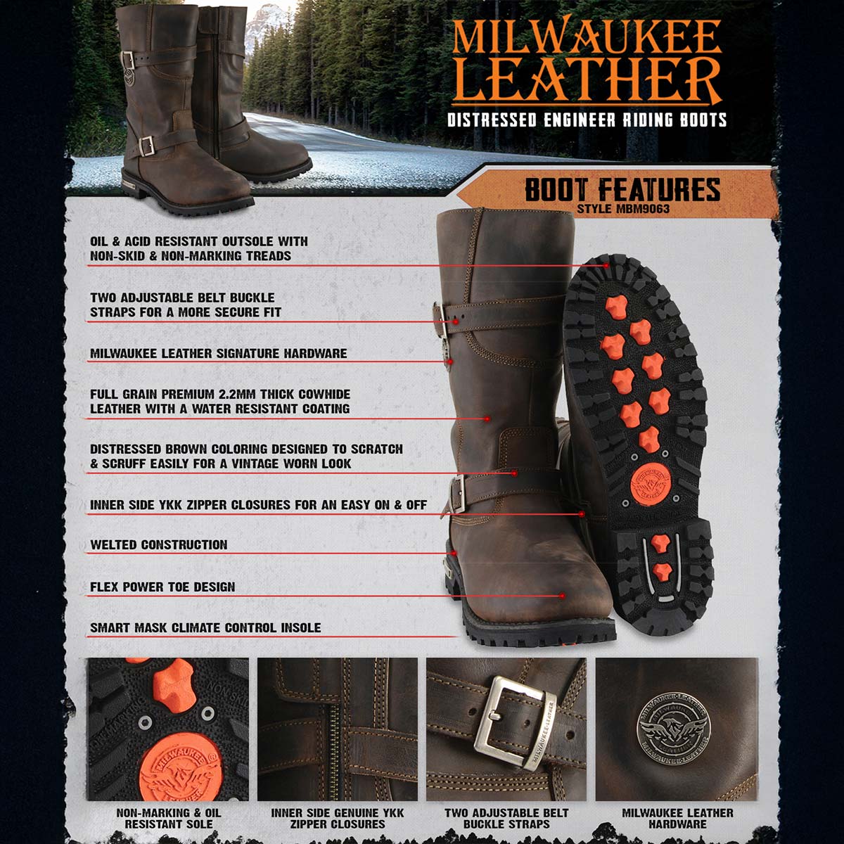 Milwaukee Leather MBM9063 Men's Classic Distressed Brown Leather Motorcycle Engineer Riding Biker Boots