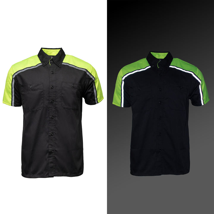 Milwaukee Motorcycle Clothing Co. Men’s Blk/Green Mechanic Work Shirt – w / Reflective Strip, Rider‑Built MDM11604