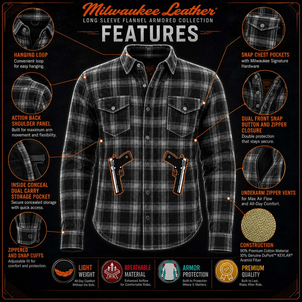 Milwaukee Leather MPM1625 Men's Armored Plaid Riding Shirt - CE Shoulder & Elbow Armor - Aramid Reinforced