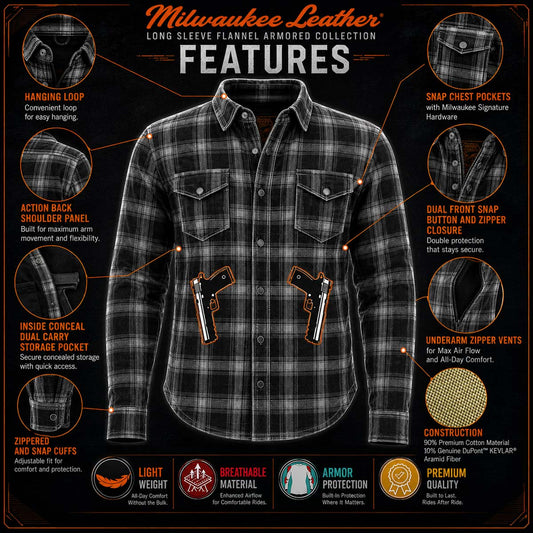 Milwaukee Leather MPM1625 Men's Armored Plaid Riding Shirt - CE Shoulder & Elbow Armor - Aramid Reinforced