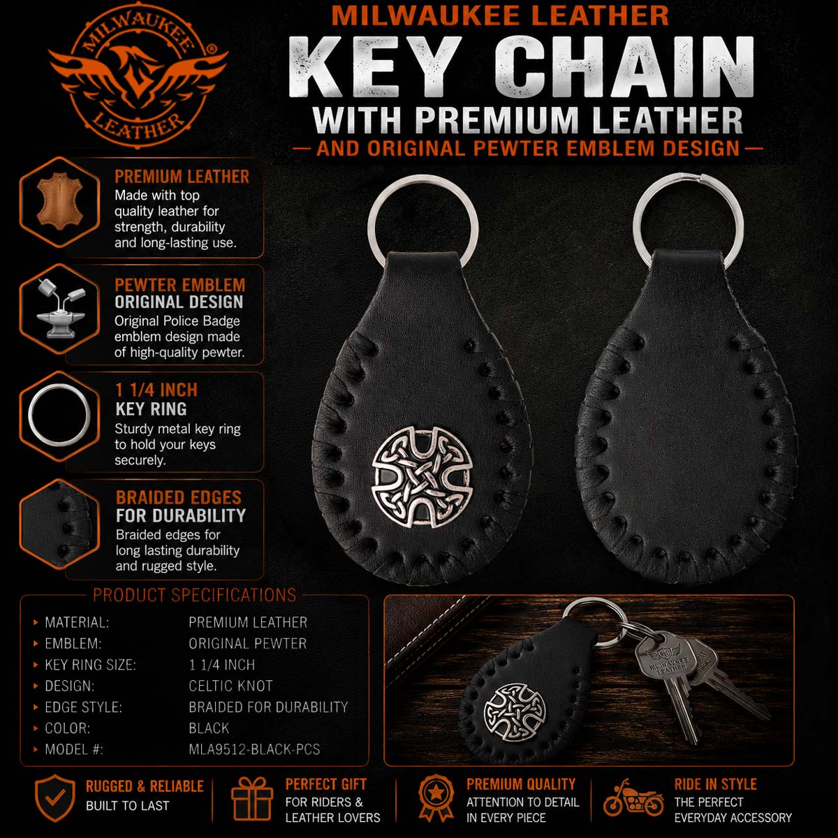 Milwaukee Leather Black Celtic Knot Pewter Emblem Key Chain - MLA9512