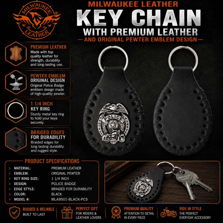 Milwaukee Leather Black Police Badge Pewter Emblem Key Chain - MLA9501