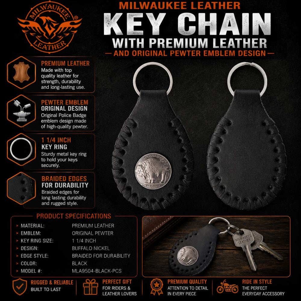 Milwaukee Leather Black Buffalo Nickel Pewter Emblem Key Chain - MLA9504