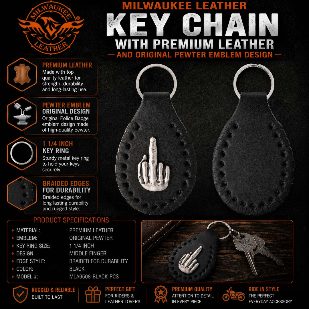 Milwaukee Leather Black Middle Finger Pewter Emblem Key Chain - MLA9508