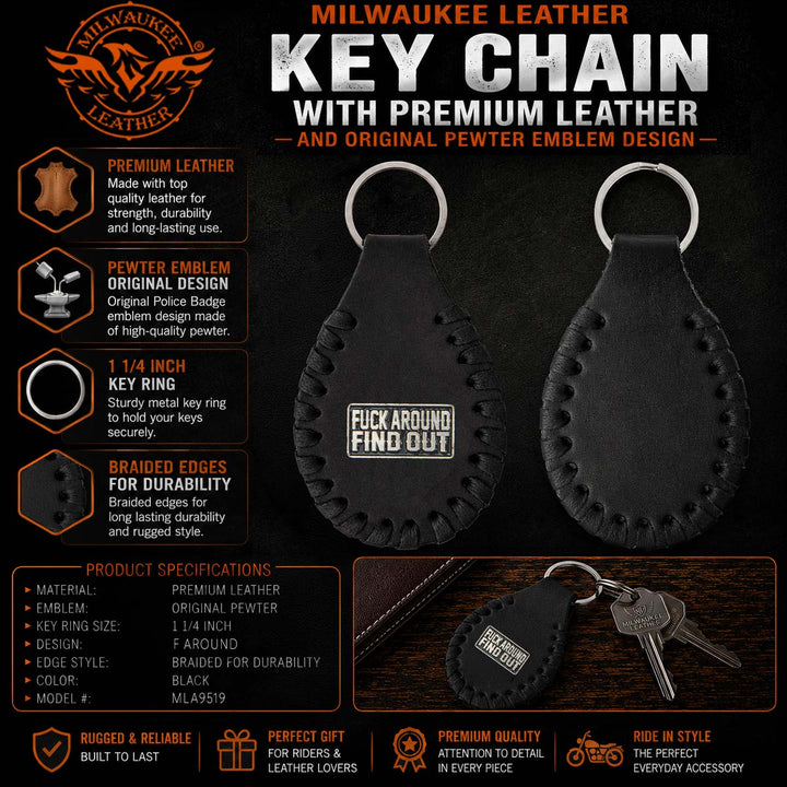 Milwaukee Leather Key Chain with Leather Original Pewter Emblem