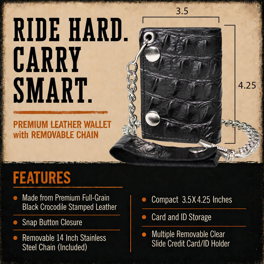 Milwaukee Leather Black Leather Crocodile-Stamped Tri-Fold Wallet, MLW7842