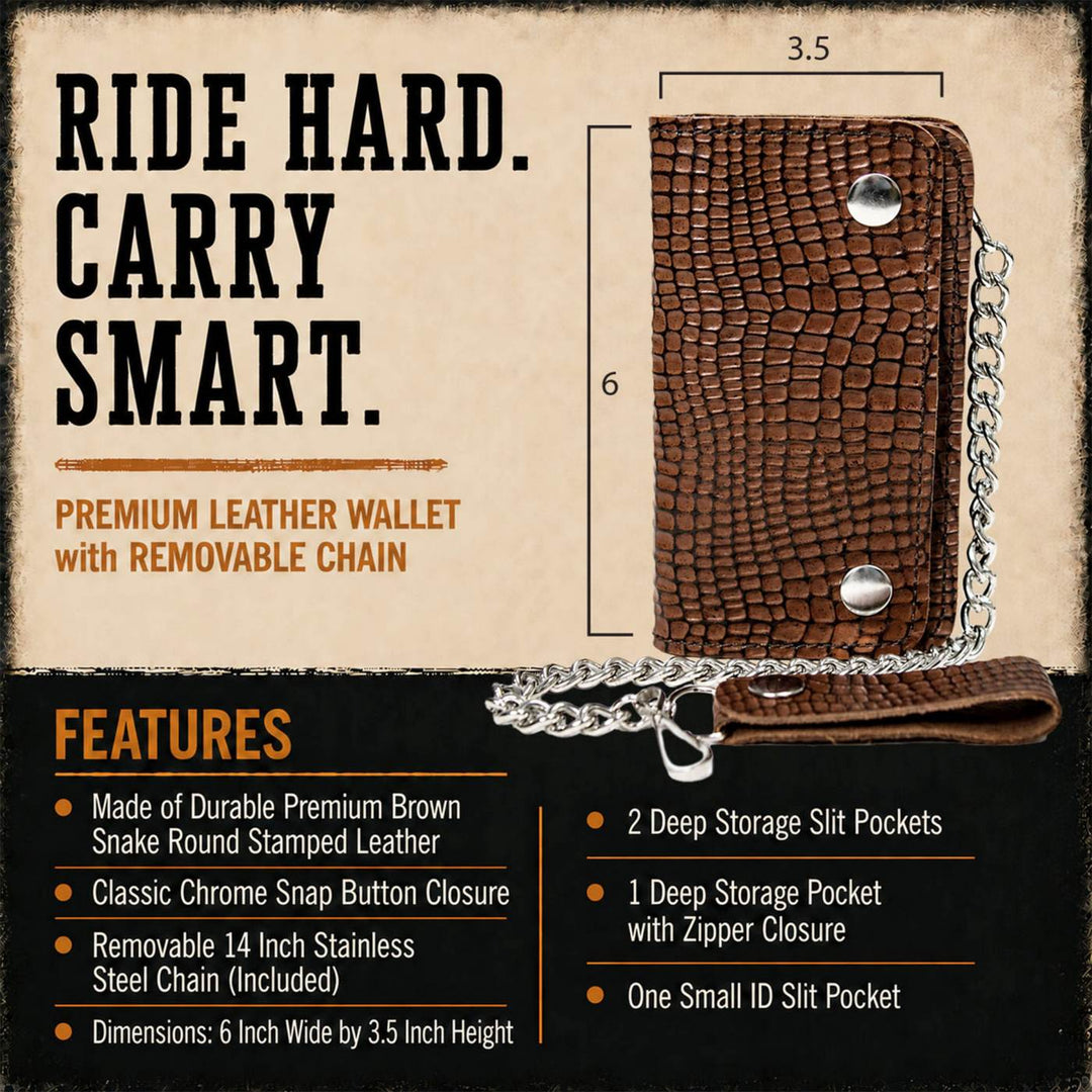 Milwaukee Leather Brown Snake Round-Stamped Biker Flap Wallet, MLW7850