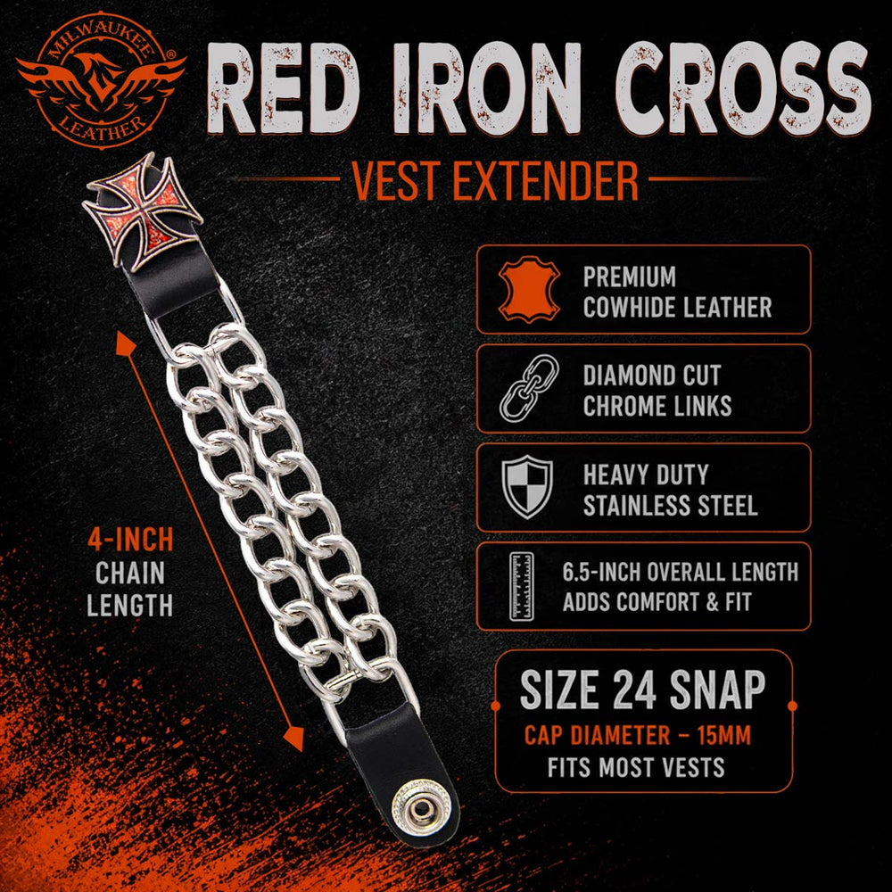 Milwaukee Leather 4-Piece Vest Extender Set - Red Iron Cross, Double Chrome Chains, 4-Inch-MLA6029SET