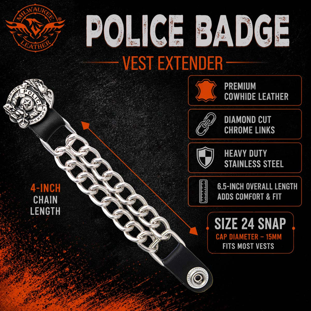 Milwaukee Leather 4-Piece Vest Extender Set - Police Badge, Double Chrome Chains, 4-Inch-MLA6032SET