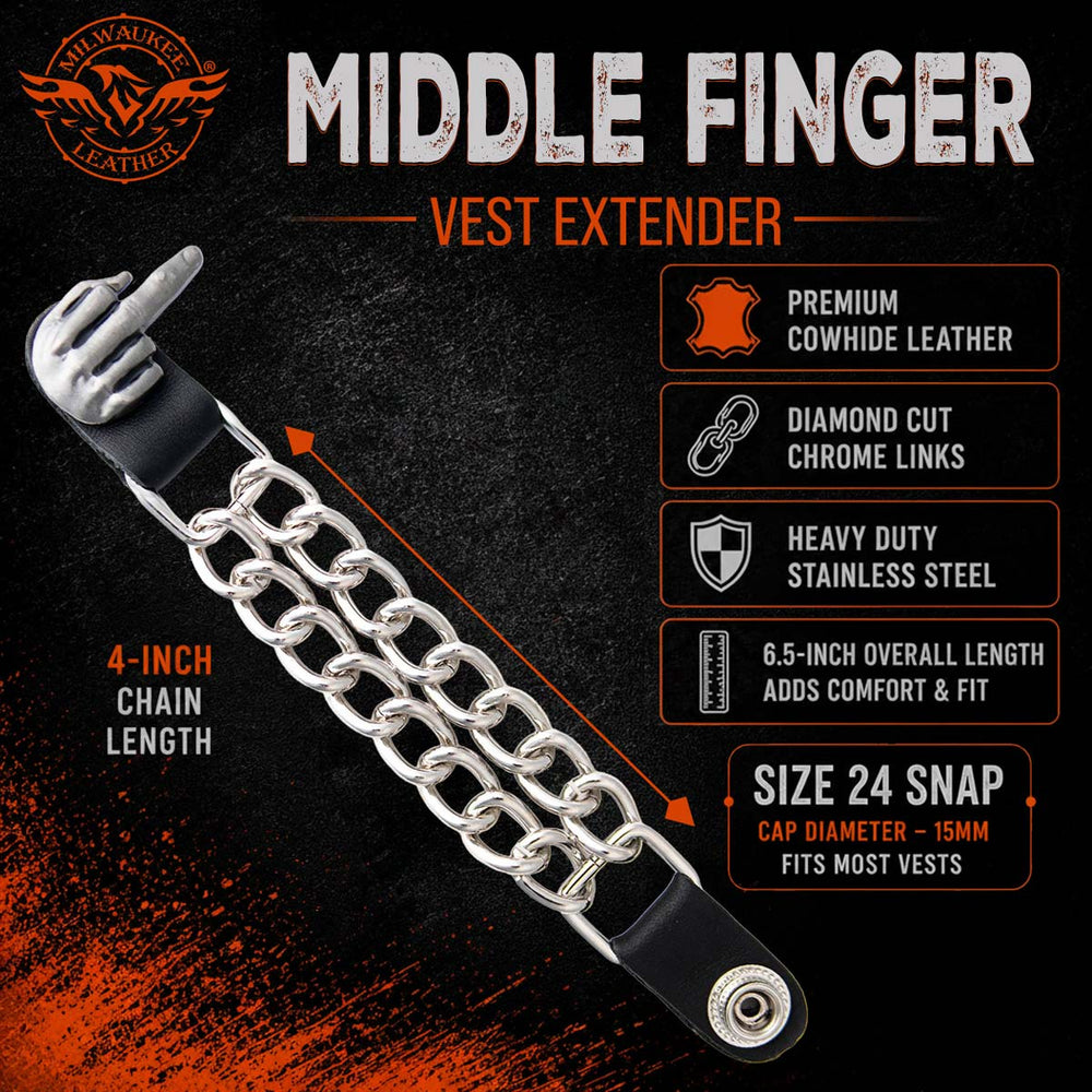 Milwaukee Leather 4-Piece Vest Extender Set - Middle Finger, Double Chrome Chains, 4-Inch-MLA6033SET