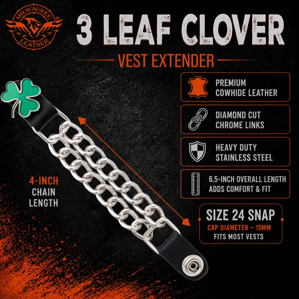 Milwaukee Leather 4-Piece Vest Extender Set - 3 Leaf Clover, Double Chrome Chains, 4-Inch-MLA6035SET