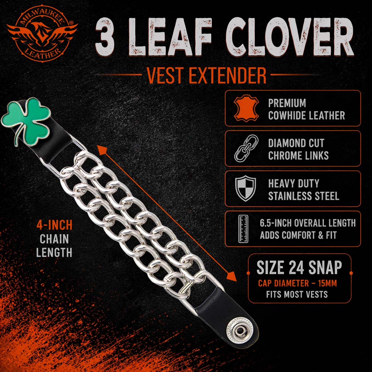 Milwaukee Leather 4-Piece Vest Extender Set - 3 Leaf Clover, Double Chrome Chains, 4-Inch-MLA6035SET