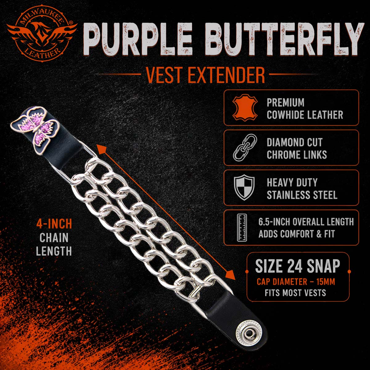 Milwaukee Leather 4-Piece Vest Extender Set - Purple Butterfly, Double Chrome Chains, 4-Inch-MLA6037SET