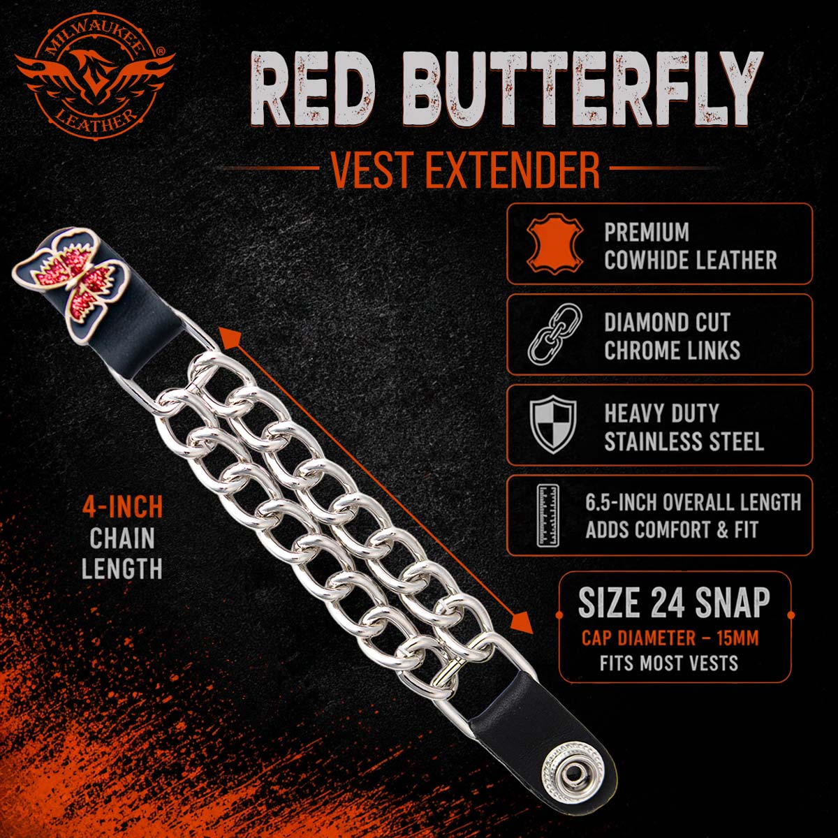 Milwaukee Leather 4-Piece Vest Extender Set - Red Butterfly, Double Chrome Chains, 4-Inch-MLA6038SET