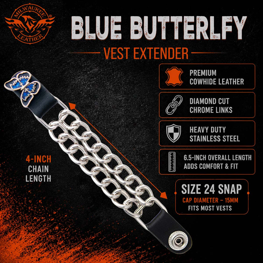 Milwaukee Leather 4-Piece Vest Extender Set - Blue Butterfly, Double Chrome Chains, 4-Inch-MLA6039SET