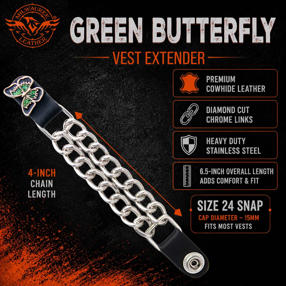 Milwaukee Leather 4-Piece Vest Extender Set - Green Butterfly, Double Chrome Chains, 4-Inch-MLA6040SET