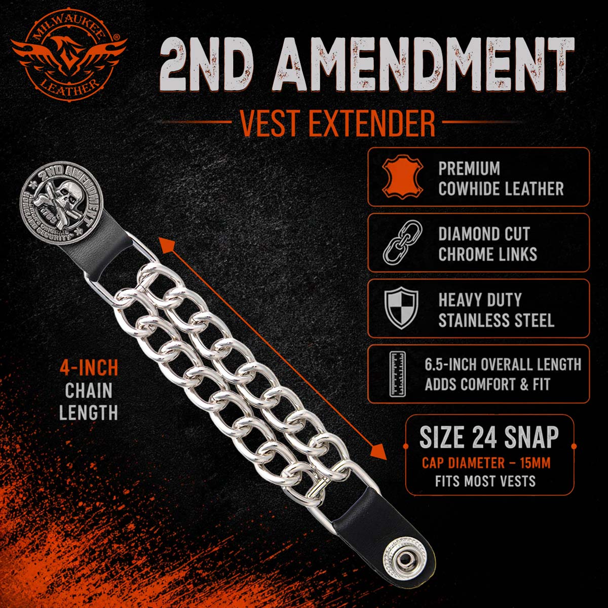 Milwaukee Leather 4-Piece Vest Extender Set - 2nd Amendment, Double Chrome Chains, 4-Inch-MLA6047SET