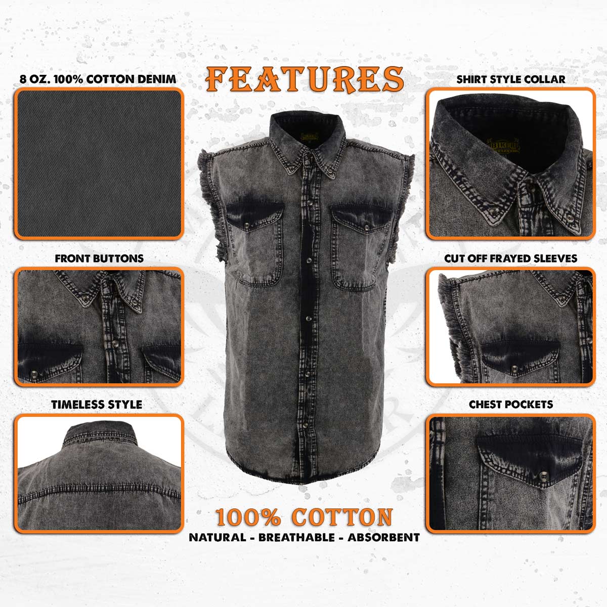 Milwaukee Leather MDM11683 Men’s Classic Beige/Black Button-Down Cut Off Frayed Sleeveless Casual Shirt