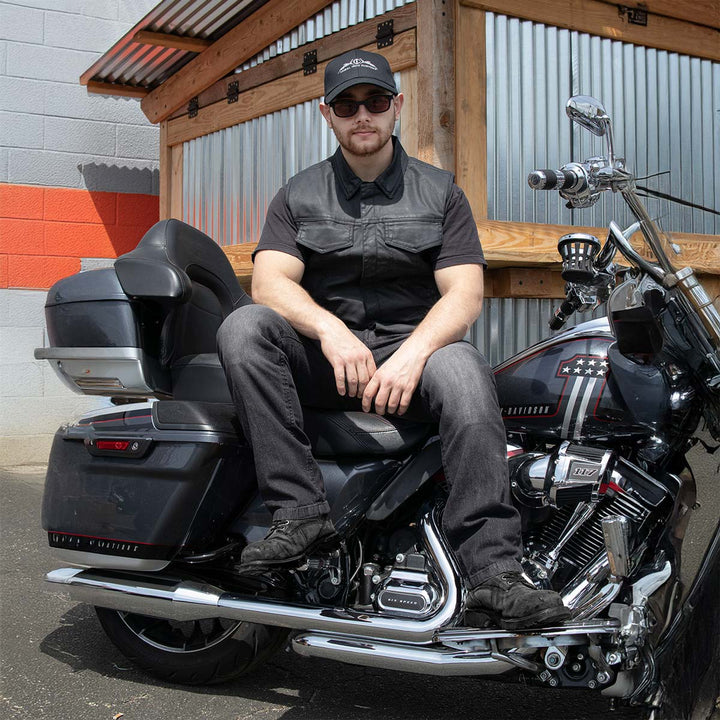 Milwaukee Leather MDM3030 Men’s Black Waxy Coated Denim Club Style Motorcycle Rider Vest w/ Shirt Collar