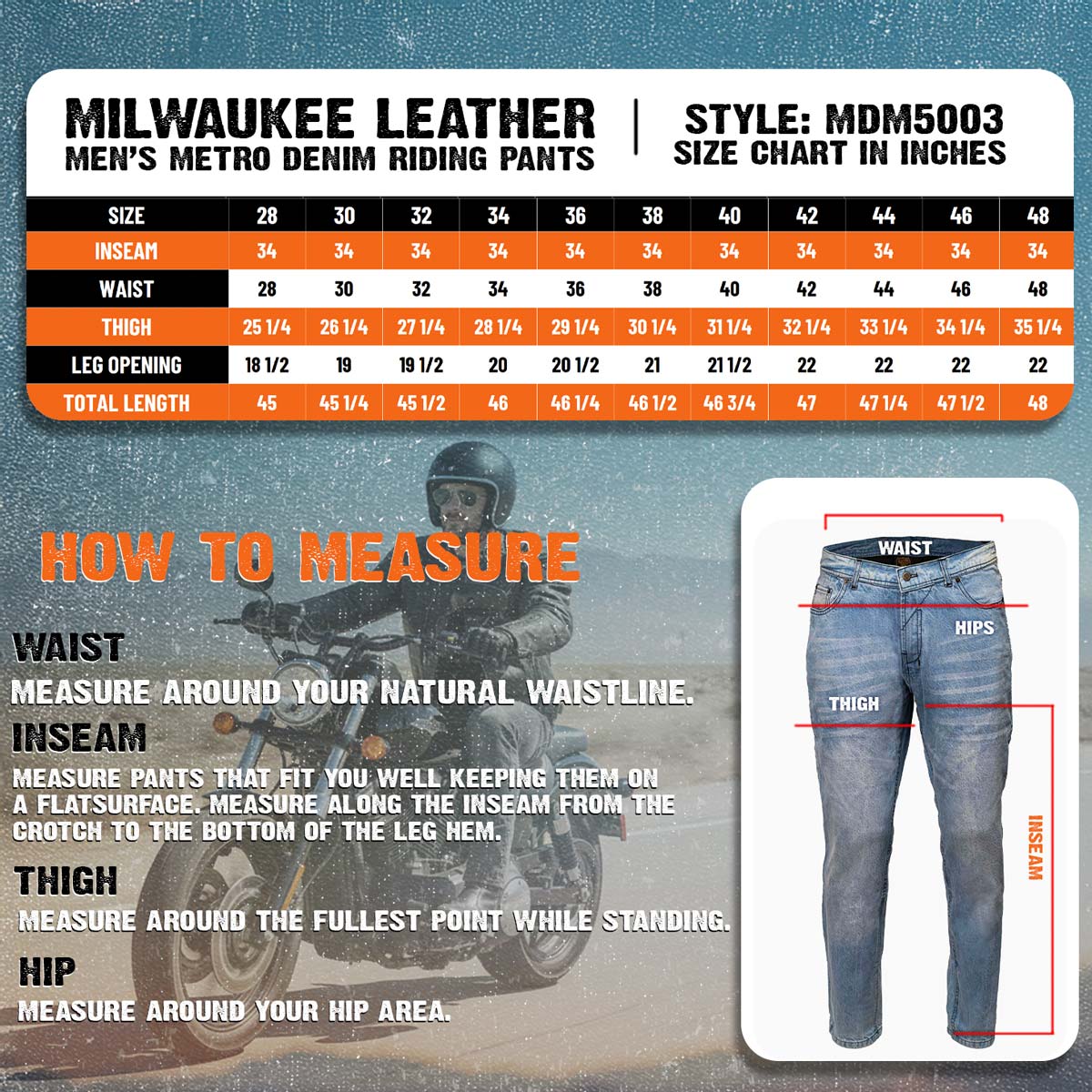 Milwaukee Leather MDM5003 Men's Metro Blue CE Armored Motorcycle Riding Denim Jeans Reinforced w/ Aramid Fibers