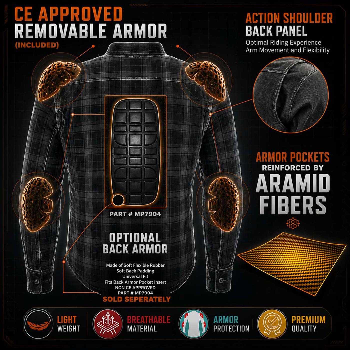 Milwaukee Leather MPM1654 Men's Plaid Flannel Biker Shirt with CE Approved Armor - Reinforced w/ Aramid Fiber