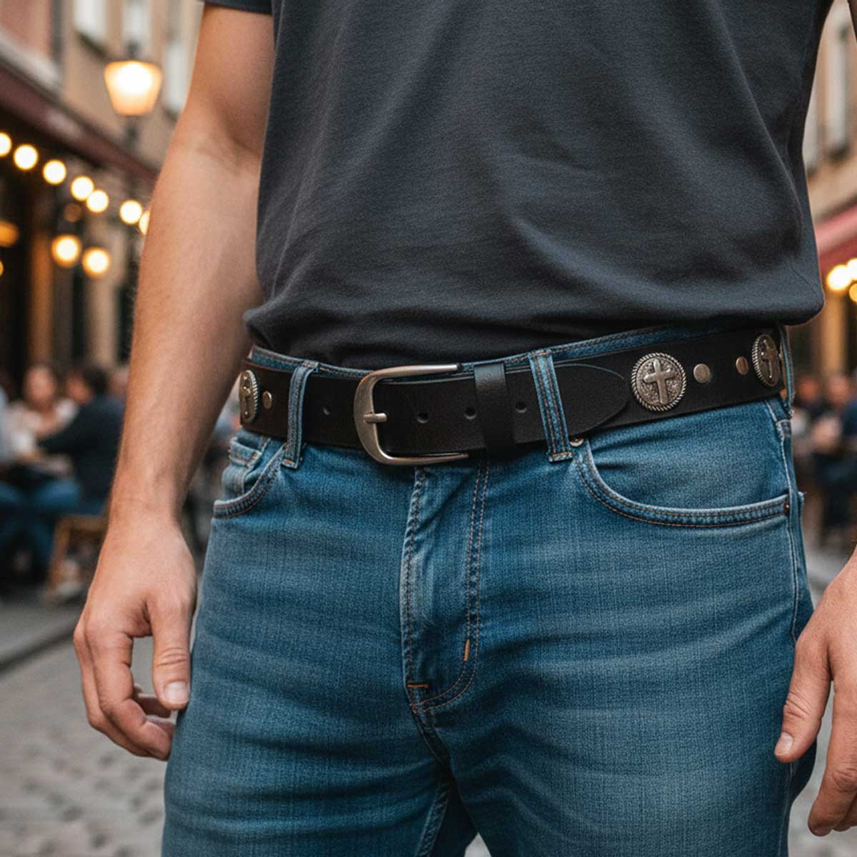 Milwaukee Leather Men's Black Cross Circle Leather Belt, MP7108