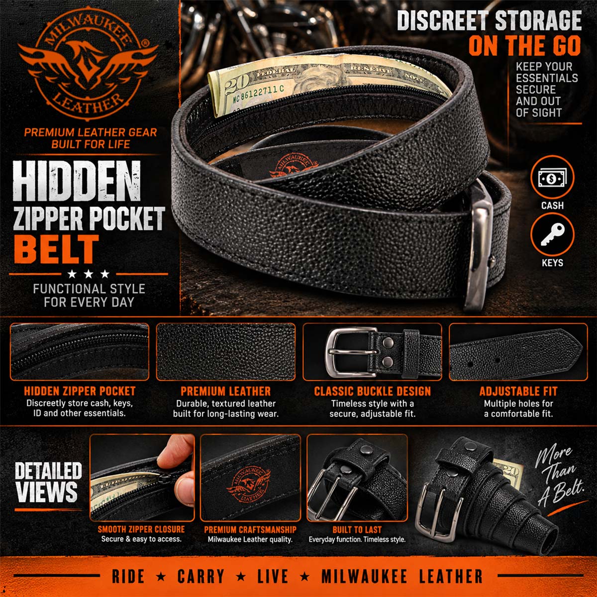 Milwaukee Leather Men's Black Money Leather Belt, MP7150