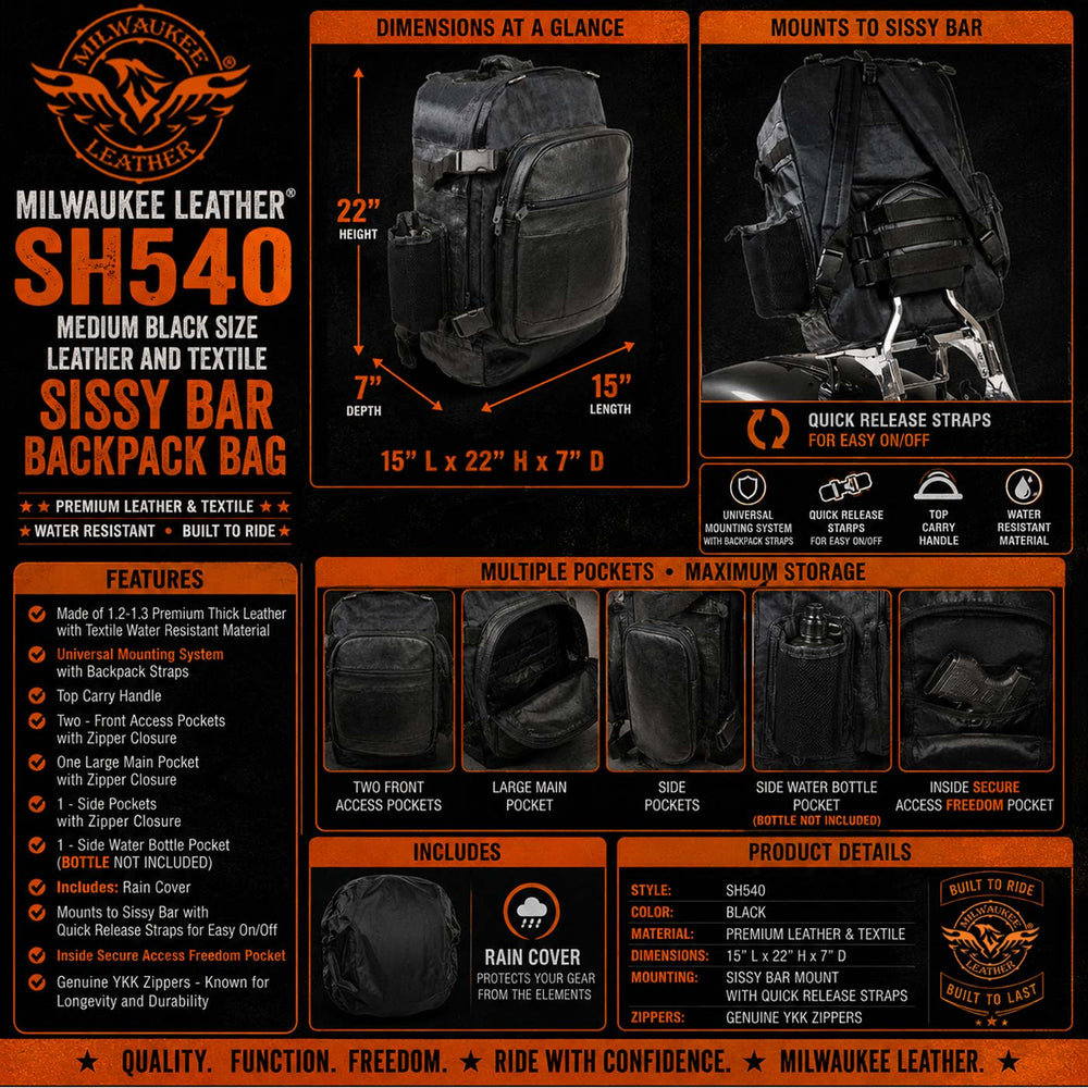 Milwaukee Leather SH540 Medium Black Size Leather and Textile Motorcycle Sissy Bar Back Pack Bag