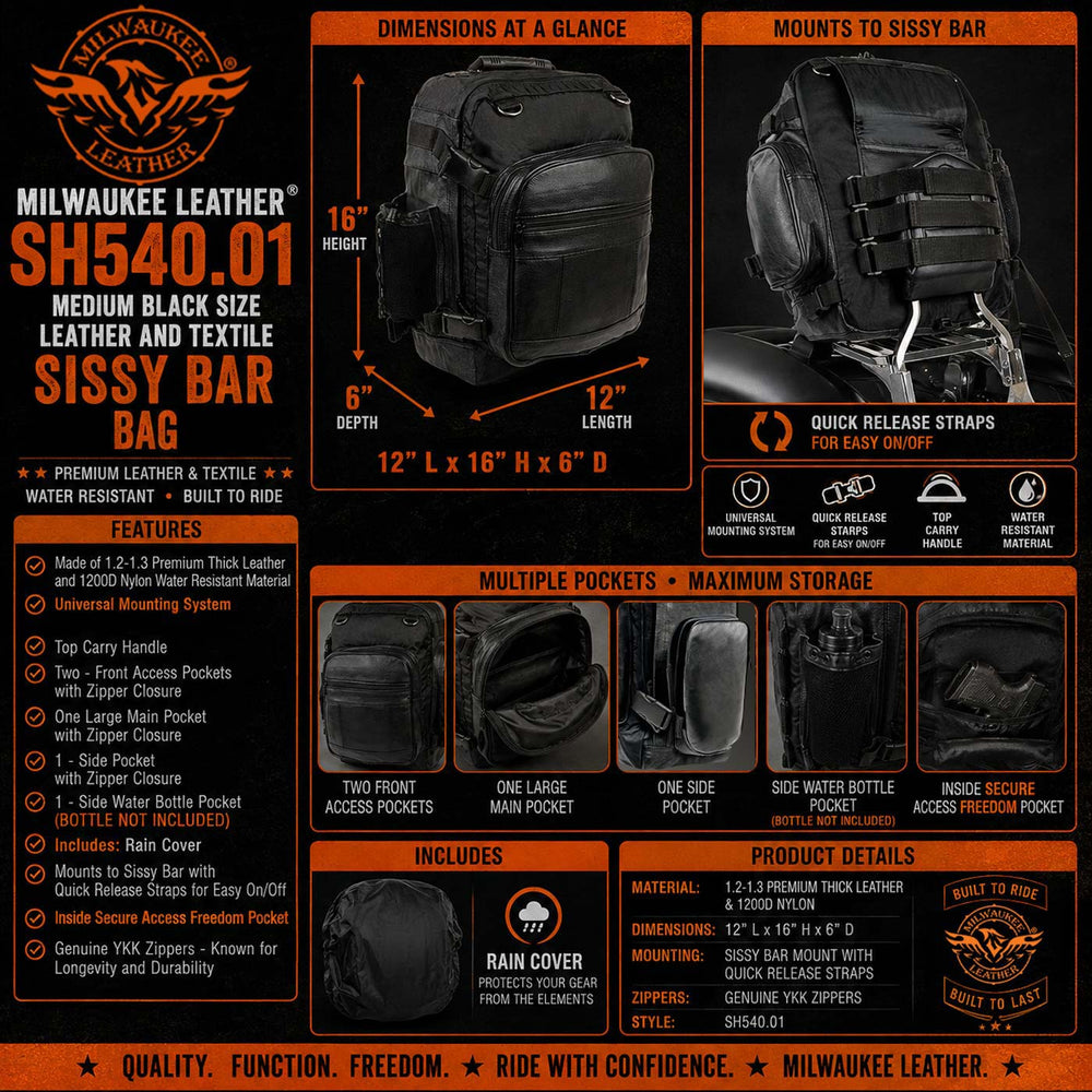 Milwaukee Leather SH54001 Medium Black Leather and Textile Motorcycle Cruiser Sissy Bar Bag