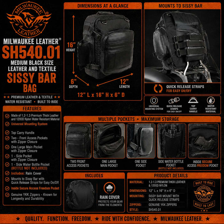 Milwaukee Leather SH54001 Medium Black Leather and Textile Motorcycle Cruiser Sissy Bar Bag