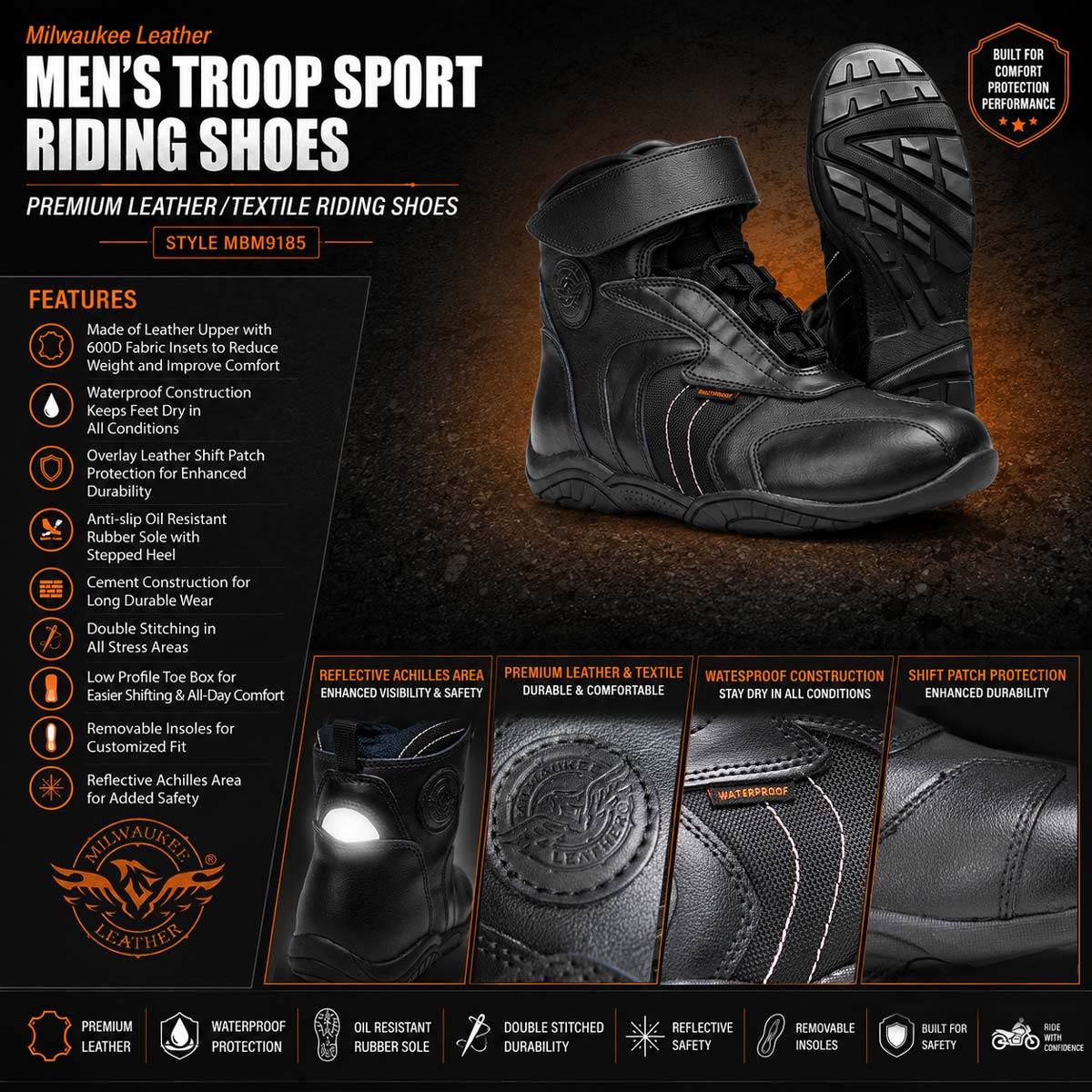 Milwaukee Leather Men's Troop Sport Black Waterproof Leather Motorcycle Racer Style Boots - MBM9185