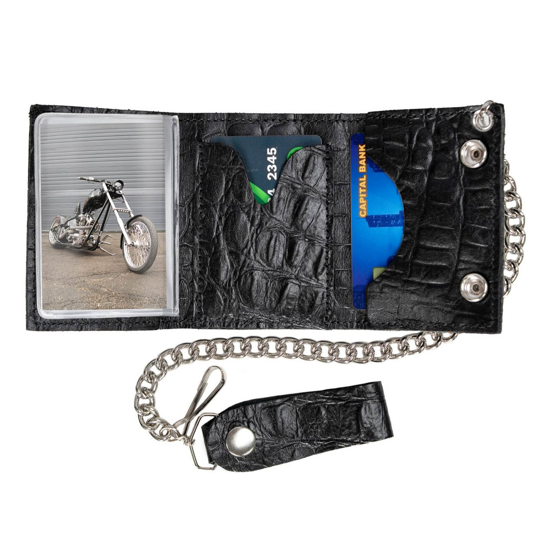 Milwaukee Leather Black Leather Crocodile-Stamped Tri-Fold Wallet, MLW7842