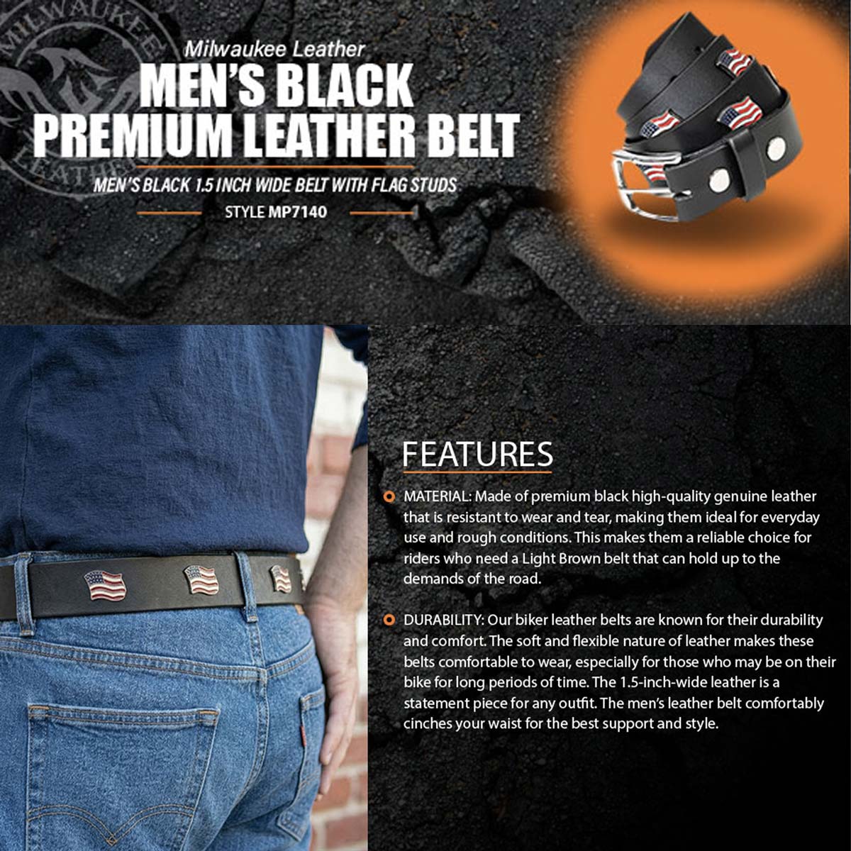 Milwaukee Leather Men's Black Frontier Star Leather Belt, MP7135
